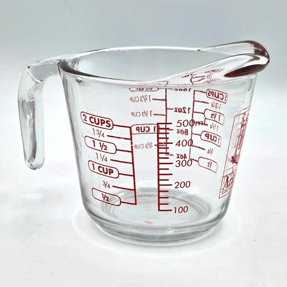Anchor Hocking 2 Cup 1 Pint 16 oz Measuring Cup Pitcher Glass Red Lettering VTG
